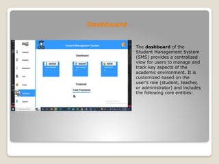 Dashboard
The dashboard of the
Student Management System
(SMS) provides a centralized
view for users to manage and
track key aspects of the
academic environment. It is
customized based on the
user's role (student, teacher,
or administrator) and includes
the following core entities:
 
