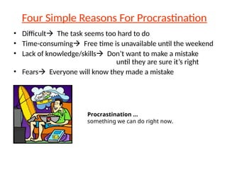 Four Simple Reasons For Procrastination
• Difficult The task seems too hard to do
• Time-consuming Free time is unavailable until the weekend
• Lack of knowledge/skills Don’t want to make a mistake
until they are sure it’s right
• Fears Everyone will know they made a mistake
Procrastination ...
something we can do right now.
 