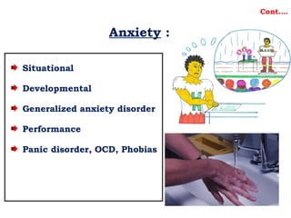 Anxiety :
Situational
Developmental
Generalized anxiety disorder
Performance
Panic disorder, OCD, Phobias
Cont….
 