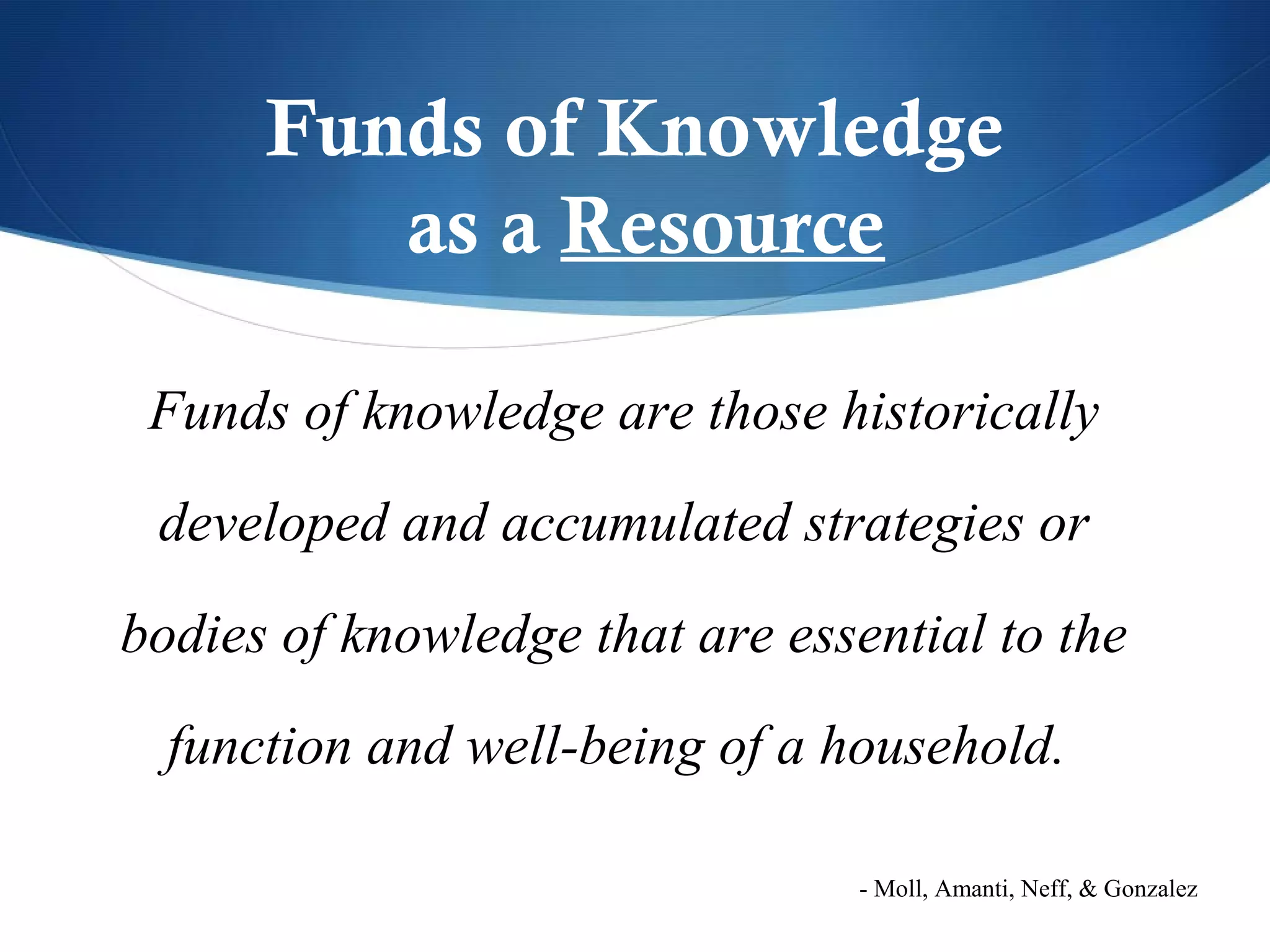 Funds of Knowledge
         as a Resource

 Funds of knowledge are those historically
 developed and accumulated strategies or
bodies of knowledge that are essential to the
  function and well-being of a household.

                                 - Moll, Amanti, Neff, & Gonzalez
 