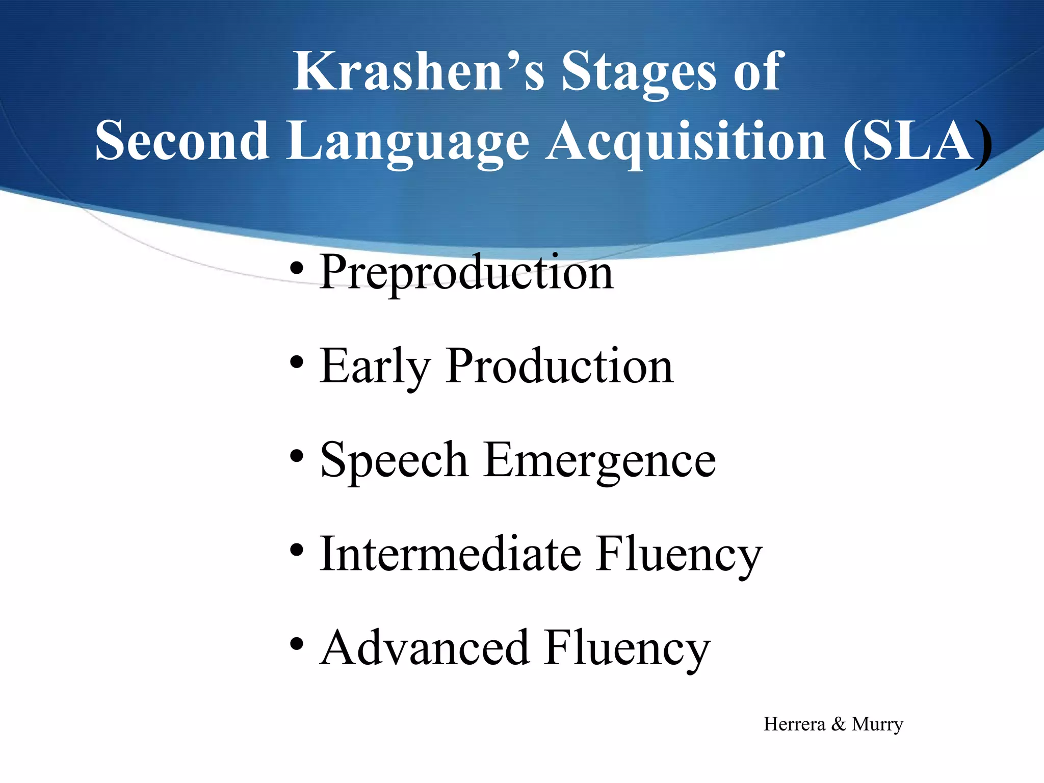 Krashen’s Stages of
Second Language Acquisition (SLA)

       • Preproduction
       • Early Production
       • Speech Emergence
       • Intermediate Fluency
       • Advanced Fluency
                                Herrera & Murry
 
