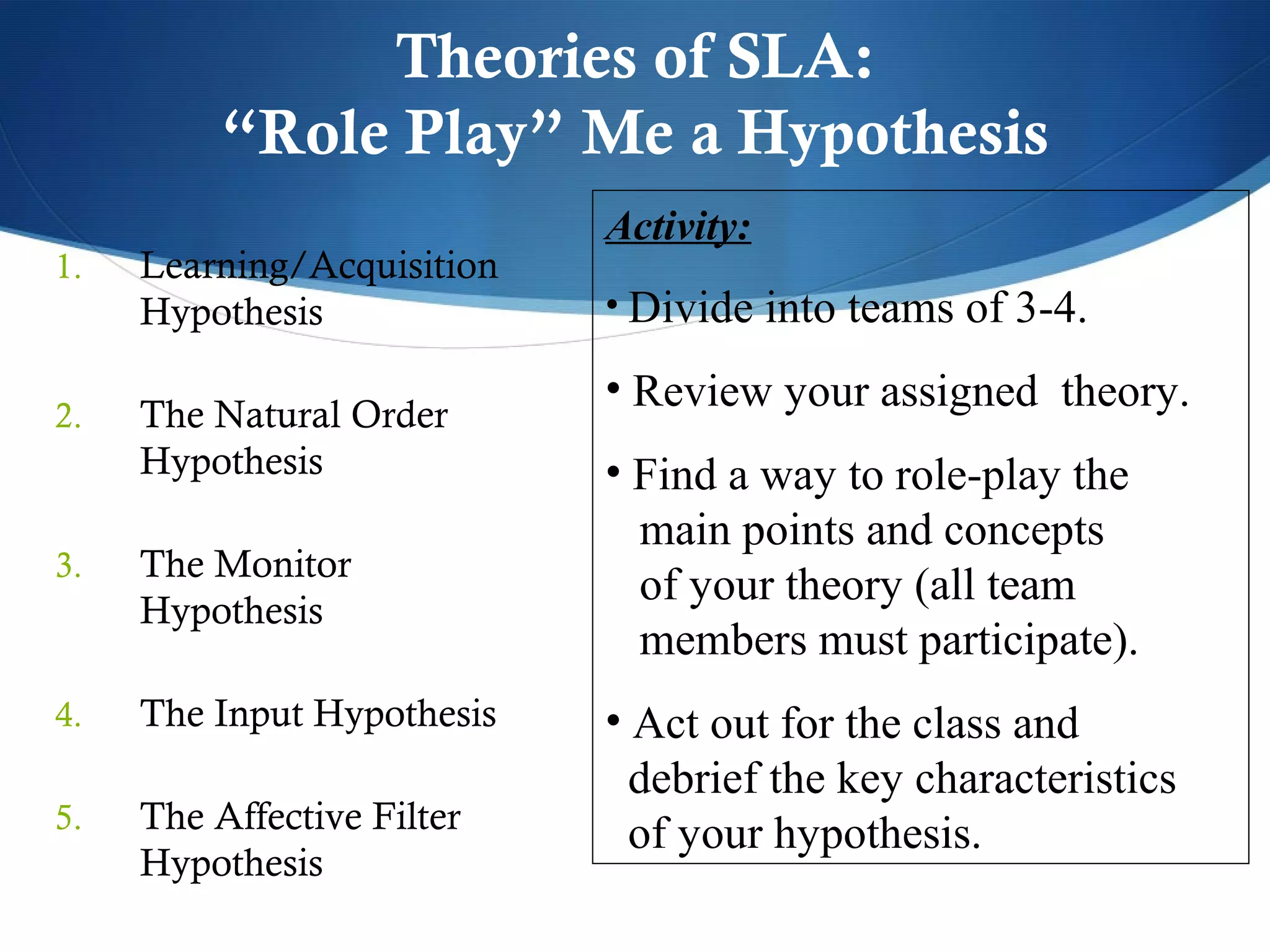 Theories of SLA:
          “Role Play” Me a Hypothesis
                            Activity:
1.   Learning/Acquisition
     Hypothesis             • Divide into teams of 3-4.

                            • Review your assigned theory.
2.   The Natural Order
     Hypothesis             • Find a way to role-play the
                              main points and concepts
3.   The Monitor
                              of your theory (all team
     Hypothesis
                              members must participate).
4.   The Input Hypothesis   • Act out for the class and
                              debrief the key characteristics
5.   The Affective Filter     of your hypothesis.
     Hypothesis
 