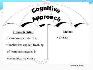 Characteristics               Method
• Learner-centered (i+1).        • CALLA

• Emphasizes explicit teaching

 of learning strategies in

 communicative ways.

                                           - Herrera & Murry
 