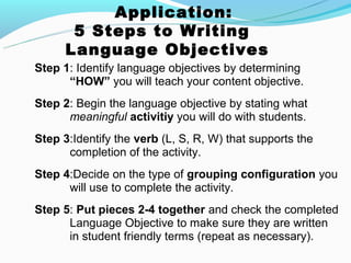 Application:
       5 Steps to Writing
      Language Objectives
Step 1: Identify language objectives by determining
      “HOW” you will teach your content objective.
Step 2: Begin the language objective by stating what
      meaningful activitiy you will do with students.
Step 3:Identify the verb (L, S, R, W) that supports the
      completion of the activity.
Step 4:Decide on the type of grouping configuration you
      will use to complete the activity.
Step 5: Put pieces 2-4 together and check the completed
      Language Objective to make sure they are written
      in student friendly terms (repeat as necessary).
 
