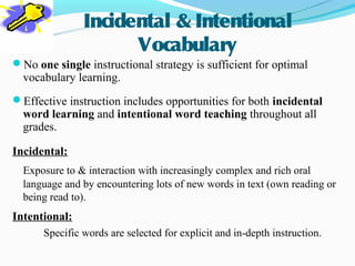 Incidental & Intentional
                     Vocabulary
No one single instructional strategy is sufficient for optimal
  vocabulary learning.
Effective instruction includes opportunities for both incidental
  word learning and intentional word teaching throughout all
  grades.

Incidental:
  Exposure to & interaction with increasingly complex and rich oral
  language and by encountering lots of new words in text (own reading or
  being read to).
Intentional:
      Specific words are selected for explicit and in-depth instruction.
 