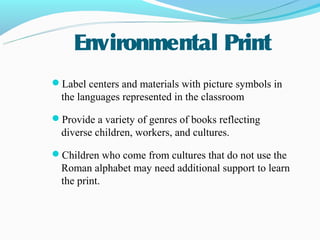 Environmental Print
Label centers and materials with picture symbols in
  the languages represented in the classroom

Provide a variety of genres of books reflecting
  diverse children, workers, and cultures.

Children who come from cultures that do not use the
  Roman alphabet may need additional support to learn
  the print.
 