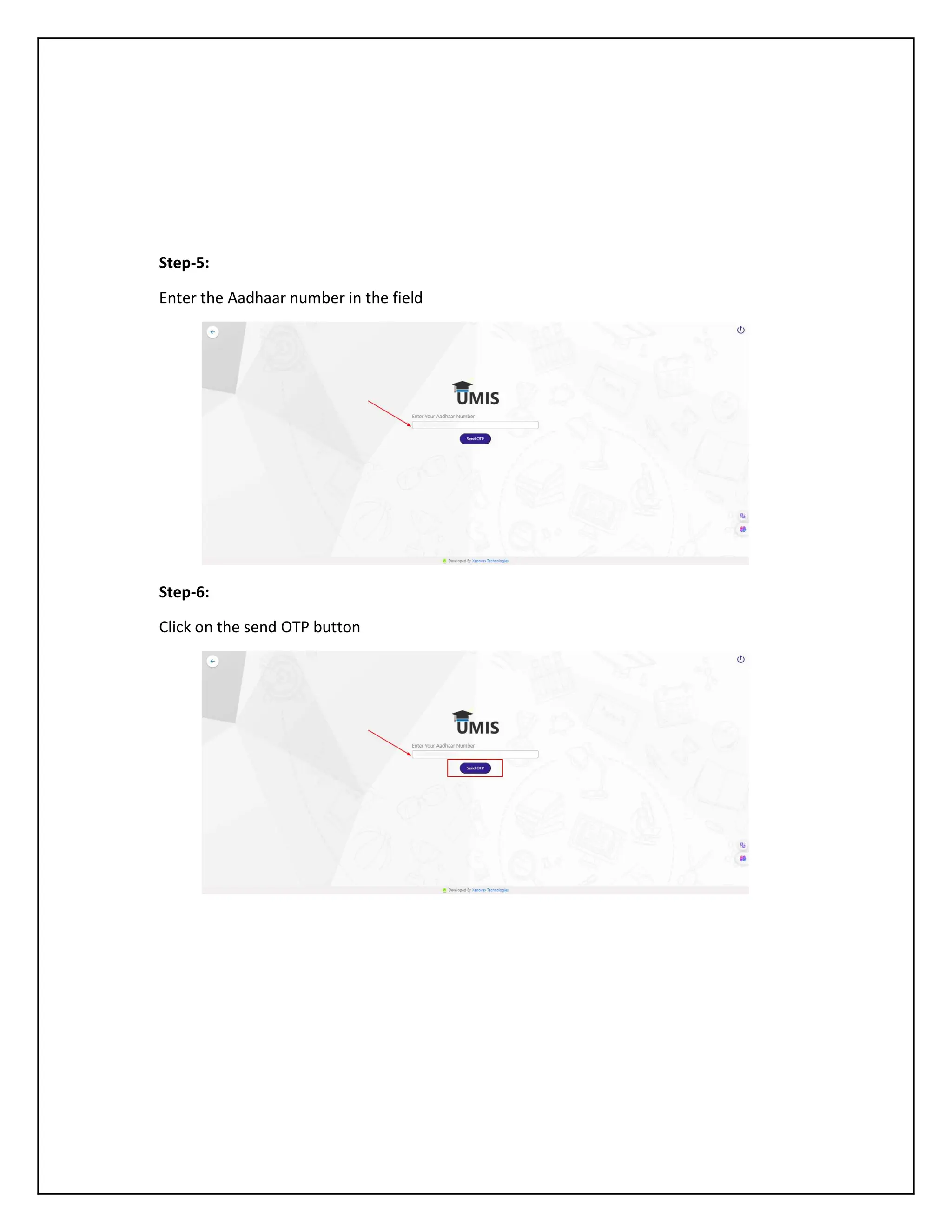 Step-5:
Enter the Aadhaar number in the field
Step-6:
Click on the send OTP button
