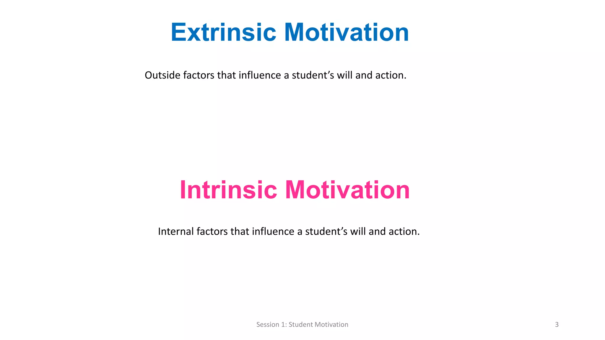 Extrinsic Motivation
Session 1: Student Motivation 3
Intrinsic Motivation
Outside factors that influence a student’s will and action.
Internal factors that influence a student’s will and action.
 