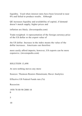 liquidity. Used when interest rates have been lowered to near
0% and failed to produce results. Although
QE increases liquidity and availability of capital, if demand
doesn’t match supply, higher prices and
inflation are likely. (Investopedia.com)
Trade-weighted: A representation of the foreign currency price
of the US dollar or the export value of
the US dollar. Increase in the index means the value of the
dollar increases. Americans can therefore
more easily afford imports, however, US exports can be more
expensive. (investopedia.com)
SOLUTION 13,498
At zero nothing moves any more
Sources: Thomson Reuters Datastream; Haver Analytics
Effective US Federal Funds rate (%)
Recession
1958 70 80 90 2000 10
0
5
10
 