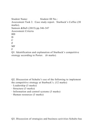Student Name: Student ID No.:
Assessment Task 2. Case study report. Starbuck’s Coffee (30
marks).
Samson &Daft (2015) pp.346-347
Assessment Criteria
HD
D
C
P
MF
F
Q1. Identification and explanation of Starbuck’s competitive
strategy according to Porter. (6 marks)
Q2. Discussion of Schultz’s use of the following to implement
the competitive strategy at Starbuck’s. (12 marks)
· Leadership (3 marks)
· Structure (3 marks)
· Information and control systems (3 marks)
· Human resources (3 marks)
Q3. Discussion of strategies and business activities Schultz has
 