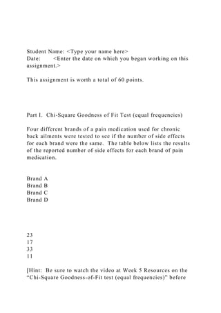 Student Name: <Type your name here>
Date: <Enter the date on which you began working on this
assignment.>
This assignment is worth a total of 60 points.
Part I. Chi-Square Goodness of Fit Test (equal frequencies)
Four different brands of a pain medication used for chronic
back ailments were tested to see if the number of side effects
for each brand were the same. The table below lists the results
of the reported number of side effects for each brand of pain
medication.
Brand A
Brand B
Brand C
Brand D
23
17
33
11
[Hint: Be sure to watch the video at Week 5 Resources on the
“Chi-Square Goodness-of-Fit test (equal frequencies)” before
 
