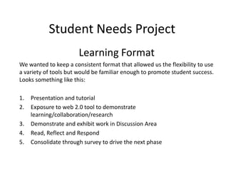 Student Needs Project
Learning Format
We wanted to keep a consistent format that allowed us the flexibility to use
a variety of tools but would be familiar enough to promote student success.
Looks something like this:
1. Presentation and tutorial
2. Exposure to web 2.0 tool to demonstrate
learning/collaboration/research
3. Demonstrate and exhibit work in Discussion Area
4. Read, Reflect and Respond
5. Consolidate through survey to drive the next phase
 