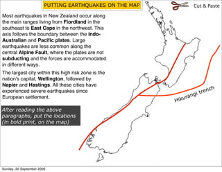 PUTTING EARTHQUAKES ON THE MAP            Cut & Paste

Most earthquakes in New Zealand occur along
the main ranges living from Fiordland in the
southeast to East Cape in the northwest. This
axis follows the boundary between the Indo-
Australian and Paciﬁc plates. Large
earthquakes are less common along the
central Alpine Fault, where the plates are not
subducting and the forces are accommodated
in different ways.
The largest city within this high risk zone is the
nation's capital, Wellington, followed by
Napier and Hastings. All these cities have
                                                                          nch
experienced severe earthquakes since
                                                                 ng i tre
European settlement.                                         ura
                                                         Hik
After reading the above
paragraphs, put the locations
(in bold print, on the map)




Sunday, 20 September 2009
 