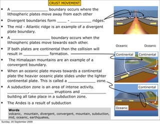 CRUST MOVEMENT

    A ________________ boundary occurs where the
    lithospheric plates move away from each other
    Divergent boundaries form ____ - _________ ridges.
    The mid - Atlantic ridge is an example of a divergent
    plate boundary.
    A _________________ boundary occurs when the
    lithospheric plates move towards each other.
                                                                        Oceanic          Oceanic
    If both plates are continental then the collision will
    result in ___________ formation.                                    Continental   Continental
     The Himalayan mountains are an example of a
    convergent boundary.
    When an oceanic plate moves towards a continental
    plate the heavier oceanic plate slides under the lighter
    continental plate. This is called a ____________ zone.
    A subduction zone is an area of intense activity.                                 Continental
    _________, __________ eruptions and ___________
    building all take place in a subduction zone.
    The Andes is a result of subduction
                                                                        Oceanic
     Words
     volcanic, mountain, divergent, convergent, mountain, subduction,
     mid, oceanic, earthquakes,
Sunday, 20 September 2009
 