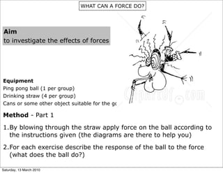 WHAT CAN A FORCE DO?




 Aim
 to investigate the effects of forces




Equipment
Ping pong ball (1 per group)
Drinking straw (4 per group)
Cans or some other object suitable for the goal posts (4 per group)

Method - Part 1

1.By blowing through the straw apply force on the ball according to
  the instructions given (the diagrams are there to help you)

2.For each exercise describe the response of the ball to the force
  (what does the ball do?)

Saturday, 13 March 2010
 