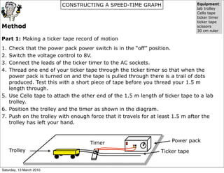 CONSTRUCTING A SPEED-TIME GRAPH                     Equipment:
                                                                              lab trolley
                                                                              Cello tape
                                                                              ticker timer
                                                                              ticker tape
Method                                                                        scissors
                                                                              30 cm ruler

Part 1: Making a ticker tape record of motion
1. Check that the power pack power switch is in the “off” position.
2. Switch the voltage control to 8V.
3. Connect the leads of the ticker timer to the AC sockets.
4. Thread one end of your ticker tape through the ticker timer so that when the
   power pack is turned on and the tape is pulled through there is a trail of dots
   produced. Test this with a short piece of tape before you thread your 1.5 m
   length through.
5. Use Cello tape to attach the other end of the 1.5 m length of ticker tape to a lab
   trolley.
6. Position the trolley and the timer as shown in the diagram.
7. Push on the trolley with enough force that it travels for at least 1.5 m after the
   trolley has left your hand.



                                   Timer                  8V        Power pack
                                                 On/Off




     Trolley                                                    Ticker tape


Saturday, 13 March 2010
 