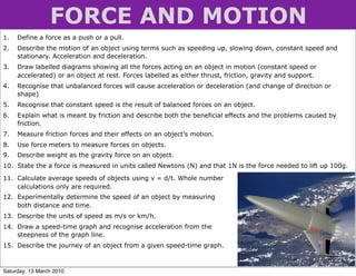 FORCE AND MOTION
1.   Define a force as a push or a pull.
2.   Describe the motion of an object using terms such as speeding up, slowing down, constant speed and
     stationary. Acceleration and deceleration.
3.   Draw labelled diagrams showing all the forces acting on an object in motion (constant speed or
     accelerated) or an object at rest. Forces labelled as either thrust, friction, gravity and support.
4.   Recognise that unbalanced forces will cause acceleration or deceleration (and change of direction or
     shape)
5.   Recognise that constant speed is the result of balanced forces on an object.
6.   Explain what is meant by friction and describe both the beneficial effects and the problems caused by
     friction.
7.   Measure friction forces and their effects on an object’s motion.
8.   Use force meters to measure forces on objects.
9.   Describe weight as the gravity force on an object.
10. State the a force is measured in units called Newtons (N) and that 1N is the force needed to lift up 100g.

11. Calculate average speeds of objects using v = d/t. Whole number
    calculations only are required.
12. Experimentally determine the speed of an object by measuring
    both distance and time.
13. Describe the units of speed as m/s or km/h.
14. Draw a speed-time graph and recognise acceleration from the
    steepness of the graph line.
15. Describe the journey of an object from a given speed-time graph.



Saturday, 13 March 2010
 