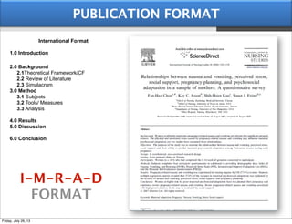 PUBLICATION FORMAT
International Format
1.0 Introduction
2.0 Background
2.1Theoretical Framework/CF
2.2 Review of Literature
2.3 Simulacrum
3.0 Method
3.1 Subjects
3.2 Tools/ Measures
3.3 Analysis
4.0 Results
5.0 Discussion
6.0 Conclusion
I-M-R-A-D
FORMAT
Friday, July 26, 13
 