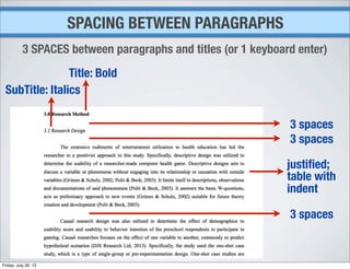 SPACING BETWEEN PARAGRAPHS
3 SPACES between paragraphs and titles (or 1 keyboard enter)
3 spaces
3 spaces
3 spaces
Title: Bold
SubTitle: Italics
justiﬁed;
table with
indent
Friday, July 26, 13
 