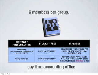 DEFENSE/
PRESENTATION
DEFENSE/
PRESENTATION
STUDENT FEES EXPENSES
PROPOSAL
(for colleges with 2 semesters of
research subject)
PHP 250/ STUDENTPHP 250/ STUDENT
ADVISER FEE (300), PANEL FEE
(600), ETHICS REVIEW (100),
ENERGY (250)
FINAL DEFENSE PHP 400/ STUDENTPHP 400/ STUDENT
ADVISER (300), PANEL (600),
ANALYSIS (500), ENERGY (200),
RESEARCH (300), BINDING (500)
6 members per group.
pay thru accounting ofﬁce
Friday, July 26, 13
 