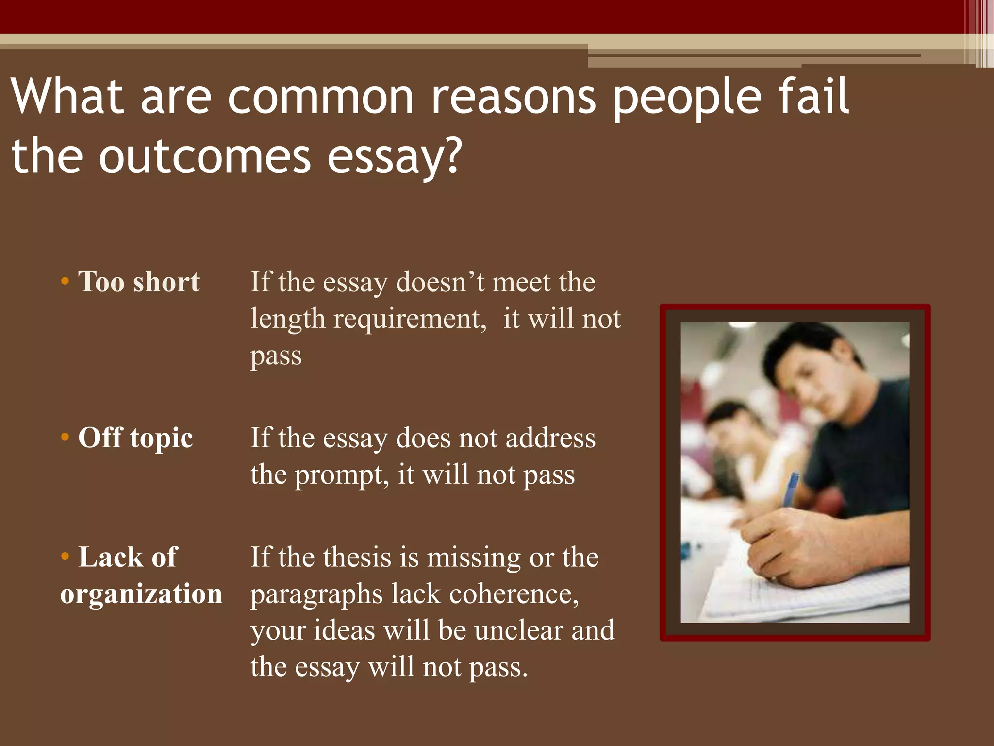 What is portfolio review?If a student does not pass the outcomes assessment essay, that student’s work from the class is evaluated by a faculty committee. If the portfolio meets the outcomes, that student will then pass outcomes assessment.