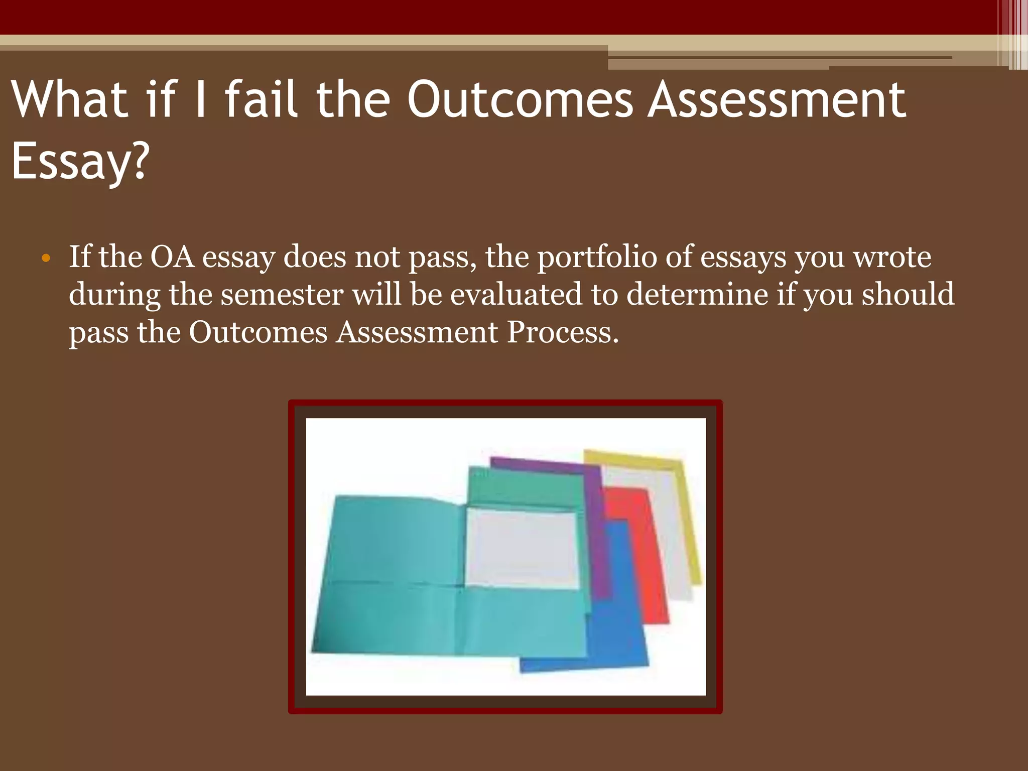 What goes in the portfolio?Passing portfolios have to contain all four major essays and the draft work. If one or more of the essays did not receive a passing grade, it is unlikely that the portfolio would pass portfolio review. Portfolios go in a two pocket folder. 