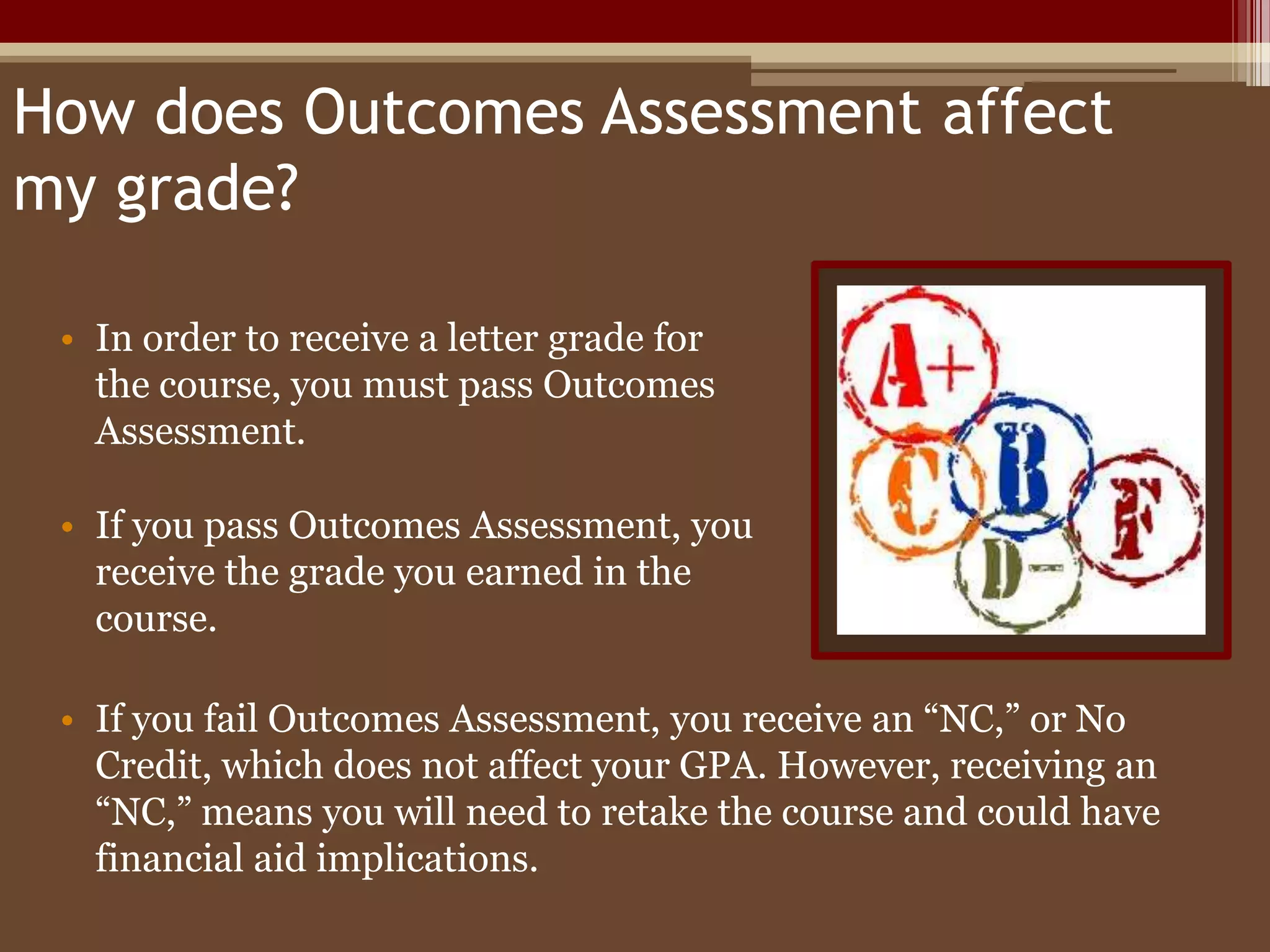 How does Outcomes Assessment affect my grade?In order to receive a letter grade for the course, you must pass Outcomes Assessment. If you pass Outcomes Assessment, you receive the grade you earned in the course.If you fail Outcomes Assessment, you receive an “NC,” or No Credit, which does not affect your GPA. However, receiving an “NC,” means you will need to retake the course and could have financial aid implications.When does outcomes assessment happen?Outcomes Assessment happens during the last three weeks of the semester.Important DatesWeek 13/14 Portfolio due prior to OA essay being assigned. Week 14 OA essays assigned during first meeting of weekWeek 15 OA essays submitted and scoredWeek 15 Portfolios reviewed at end of weekWeek 16 Finals week