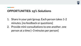 OPPORTUNITIES: 15% Solutions
1. Share in your pair/group. Each person takes 1-2
minutes. [no feedback or questions]
2. Provide mini-consultations to one another, one
person at a time [~3 minutes per person]
 