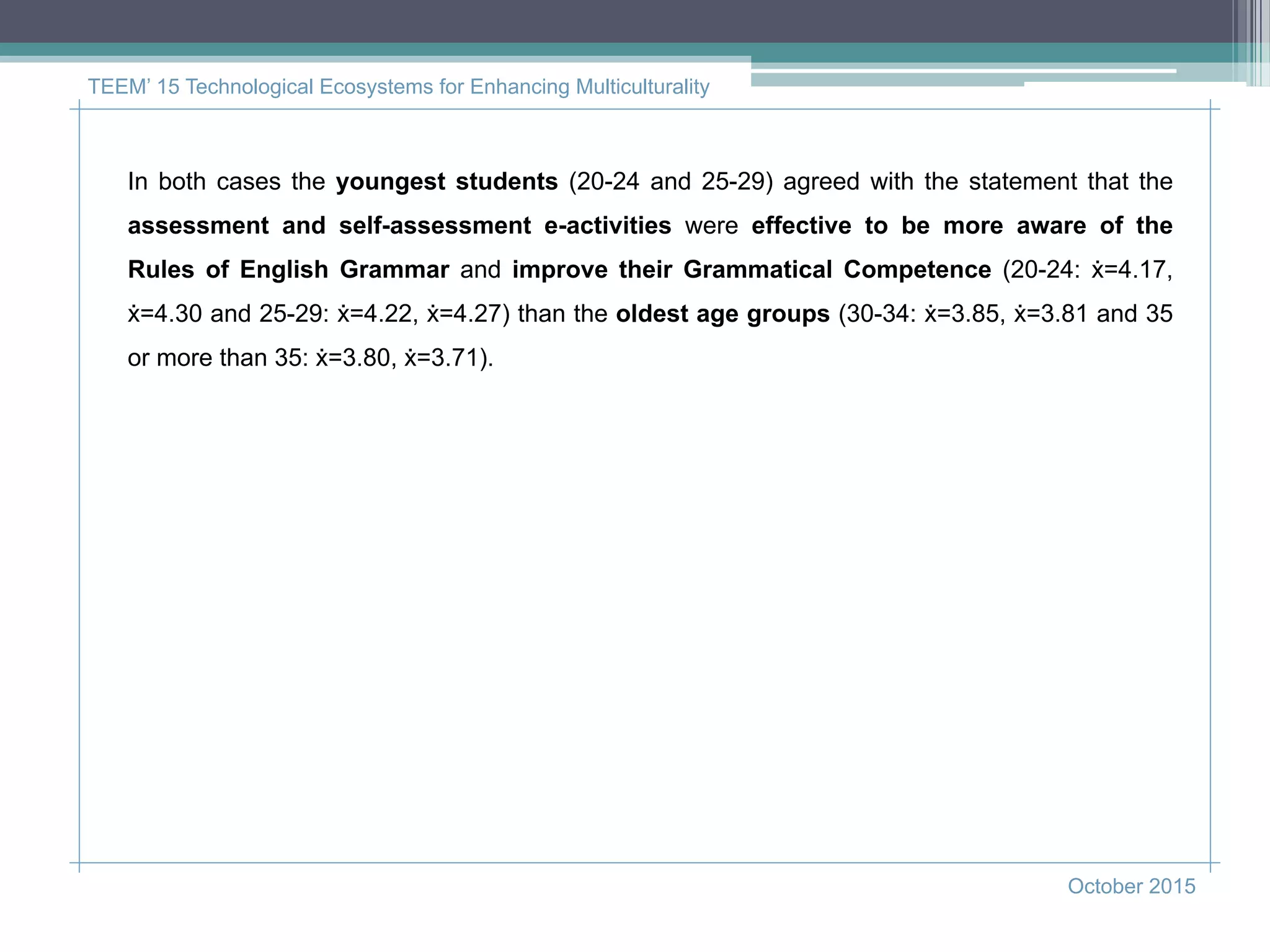 TEEM’ 15 Technological Ecosystems for Enhancing Multiculturality
October 2015
In both cases the youngest students (20-24 and 25-29) agreed with the statement that the
assessment and self-assessment e-activities were effective to be more aware of the
Rules of English Grammar and improve their Grammatical Competence (20-24: ẋ=4.17,
ẋ=4.30 and 25-29: ẋ=4.22, ẋ=4.27) than the oldest age groups (30-34: ẋ=3.85, ẋ=3.81 and 35
or more than 35: ẋ=3.80, ẋ=3.71).
 
