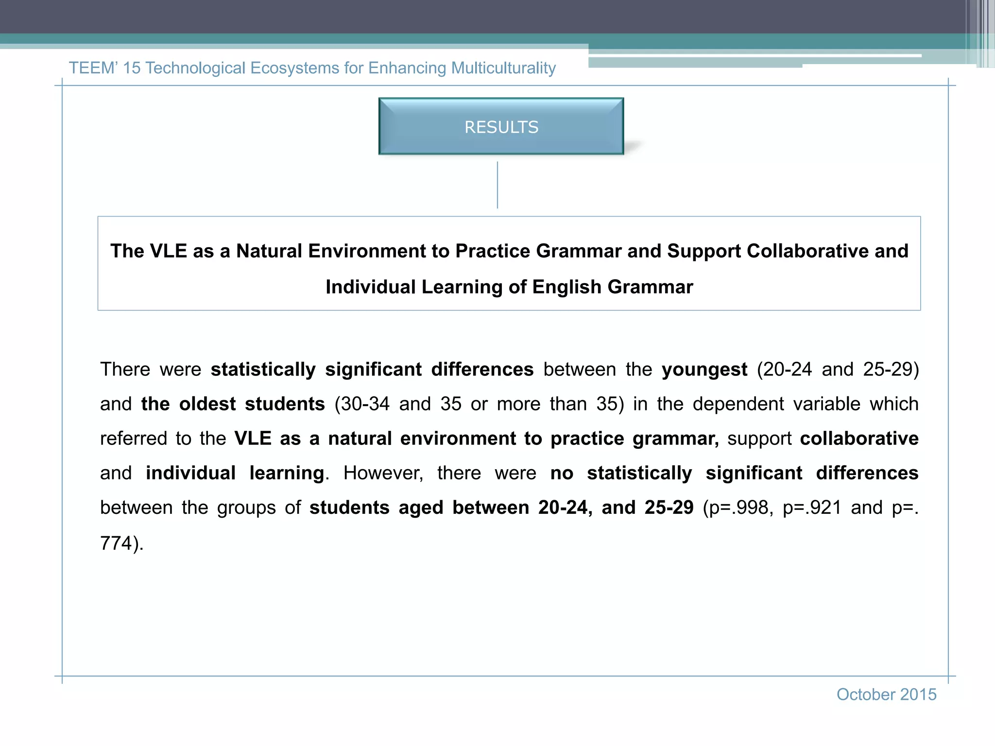 RESULTS
TEEM’ 15 Technological Ecosystems for Enhancing Multiculturality
October 2015
The VLE as a Natural Environment to Practice Grammar and Support Collaborative and
Individual Learning of English Grammar
There were statistically significant differences between the youngest (20-24 and 25-29)
and the oldest students (30-34 and 35 or more than 35) in the dependent variable which
referred to the VLE as a natural environment to practice grammar, support collaborative
and individual learning. However, there were no statistically significant differences
between the groups of students aged between 20-24, and 25-29 (p=.998, p=.921 and p=.
774).
 