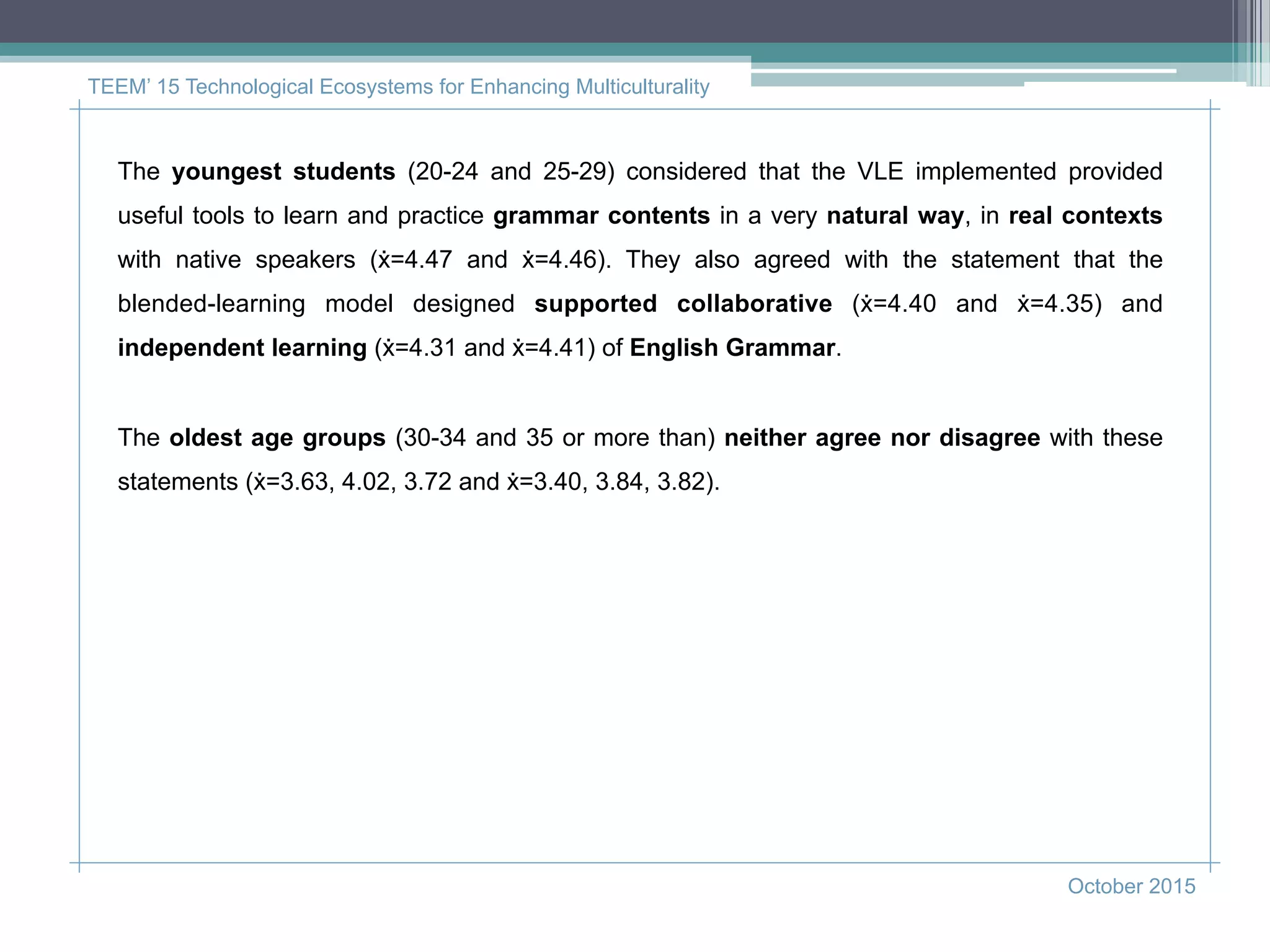 TEEM’ 15 Technological Ecosystems for Enhancing Multiculturality
October 2015
The youngest students (20-24 and 25-29) considered that the VLE implemented provided
useful tools to learn and practice grammar contents in a very natural way, in real contexts
with native speakers (ẋ=4.47 and ẋ=4.46). They also agreed with the statement that the
blended-learning model designed supported collaborative (ẋ=4.40 and ẋ=4.35) and
independent learning (ẋ=4.31 and ẋ=4.41) of English Grammar.
The oldest age groups (30-34 and 35 or more than) neither agree nor disagree with these
statements (ẋ=3.63, 4.02, 3.72 and ẋ=3.40, 3.84, 3.82).
 