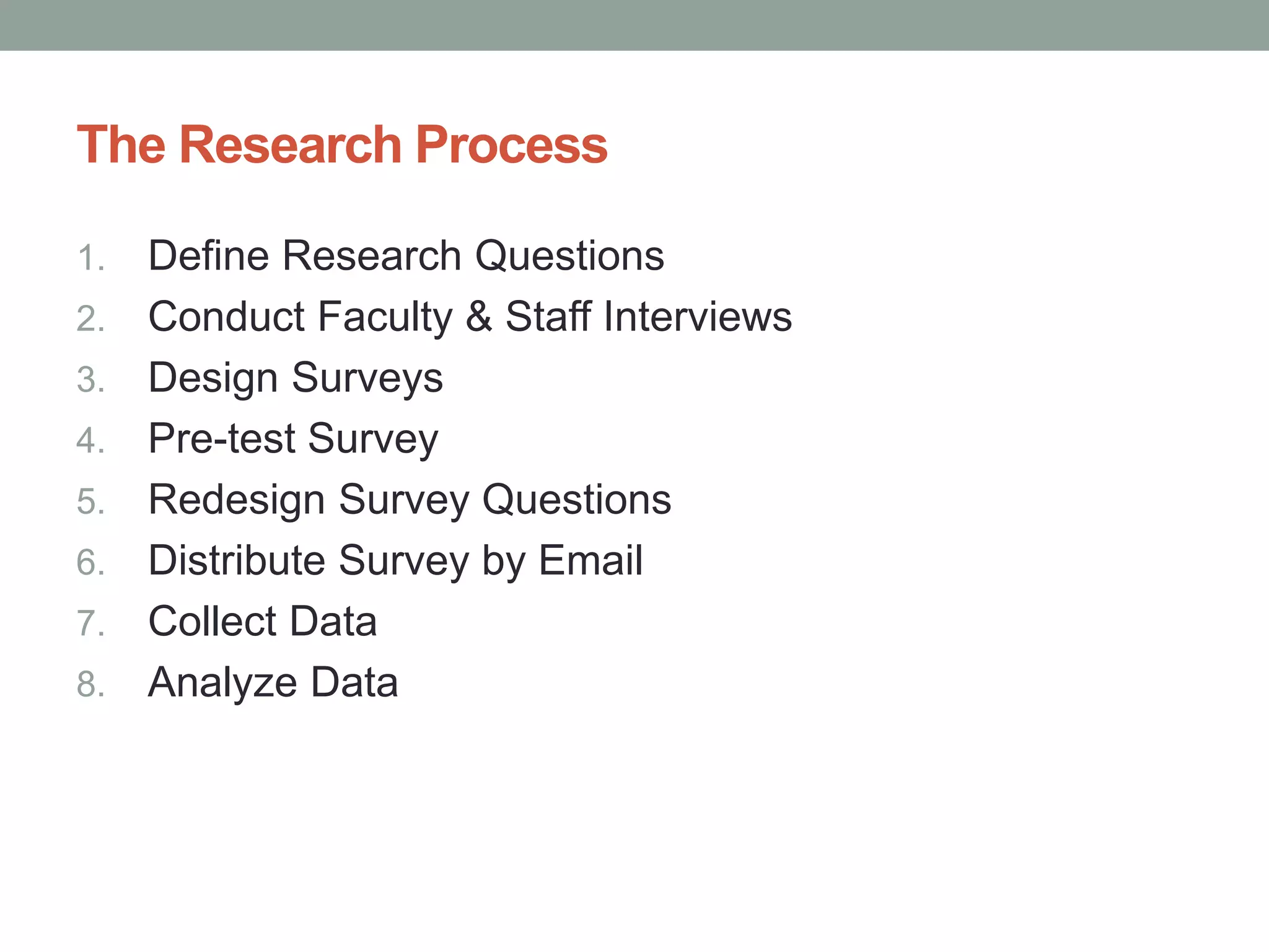 The Research Process
1. Define Research Questions
2. Conduct Faculty & Staff Interviews
3. Design Surveys
4. Pre-test Survey
5. Redesign Survey Questions
6. Distribute Survey by Email
7. Collect Data
8. Analyze Data
 