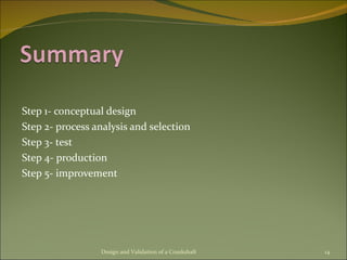 Step 1- conceptual design Step 2- process analysis and selection Step 3- test Step 4- production Step 5- improvement Design and Validation of a Crankshaft 