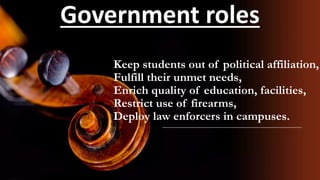 Keep students out of political affiliation,
Fulfill their unmet needs,
Enrich quality of education, facilities,
Restrict use of firearms,
Deploy law enforcers in campuses.
Government roles
 
