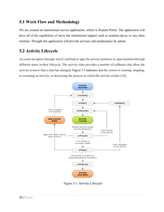 31 | P a g e
5.1 Work Flow and Methodology
We are created an institutional service application, which is Student Portal. The application will
have all of the capabilities of serve the institutional support such as students.diu.ac or any other
institute. Thought this application will provide services and maintenance by admin.
5.2 Activity Lifecycle
As a user navigates through, out of, and back to app, the activity instances in app transition through
different states in their lifecycle. The activity class provides a number of callbacks that allow the
activity to know that a state has changed. Figure 5.1 indicates that the system is creating, stopping,
or resuming an activity, or destroying the process in which the activity resides [14].
Figure 5.1: Activity Lifecycle
 