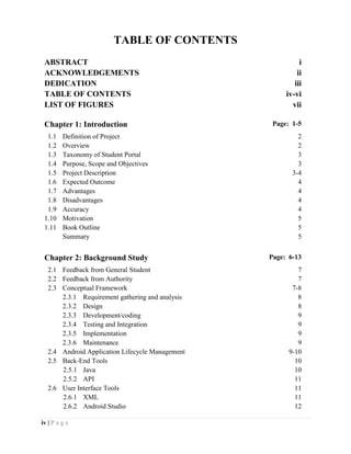 iv | P a g e
TABLE OF CONTENTS
ABSTRACT i
ACKNOWLEDGEMENTS ii
DEDICATION iii
TABLE OF CONTENTS iv-vi
LIST OF FIGURES vii
Chapter 1: Introduction Page: 1-5
1.1 Definition of Project 2
1.2 Overview 2
1.3 Taxonomy of Student Portal 3
1.4 Purpose, Scope and Objectives 3
1.5 Project Description 3-4
1.6 Expected Outcome 4
1.7 Advantages 4
1.8 Disadvantages 4
1.9 Accuracy 4
1.10 Motivation 5
1.11 Book Outline 5
Summary 5
Chapter 2: Background Study Page: 6-13
2.1 Feedback from General Student 7
2.2 Feedback from Authority 7
2.3 Conceptual Framework 7-8
2.3.1 Requirement gathering and analysis 8
2.3.2 Design 8
2.3.3 Development/coding 9
2.3.4 Testing and Integration 9
2.3.5 Implementation 9
2.3.6 Maintenance 9
2.4 Android Application Lifecycle Management 9-10
2.5 Back-End Tools 10
2.5.1 Java 10
2.5.2 API 11
2.6 User Interface Tools 11
2.6.1 XML 11
2.6.2 Android Studio 12
 