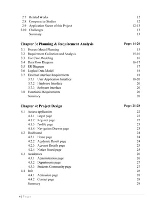 v | P a g e
2.7 Related Works 12
2.8 Comparative Studies 12
2.9 Application Sector of this Project 12-13
2.10 Challenges 13
Summary 13
Chapter 3: Planning & Requirement Analysis Page: 14-20
3.1 Process Model Planning 15
3.2 Requirement Collection and Analysis 15-16
3.3 Use Case Modeling 16
3.4 Data Flow Diagram 16-17
3.5 ER Diagram 17
3.6 Logical Data Model 18
3.7 External Interface Requirements 18
3.7.1 User Application Interface 18-20
3.7.2 Hardware Interface 20
3.7.3 Software Interface 20
3.8 Functional Requirements 20
Summary 20
Chapter 4: Project Design Page: 21-28
4.1 Access application 22
4.1.1 Login page 22
4.1.2 Register page 22
4.1.3 Profile page 23
4.1.4 Navigation Drawer page 23
4.2 Dashboard 24
4.2.1 Home page 24
4.2.2 Academic Result page 24
4.2.3 Account Details page 25
4.2.4 Notice Board page 25
4.3 Academics 26
4.3.1 Administration page 26
4.3.2 Departments page 27
4.3.3 Students Community page 27
4.4 Info 28
4.4.1 Admission page 28
4.4.2 Contact page 28
Summary 29
 