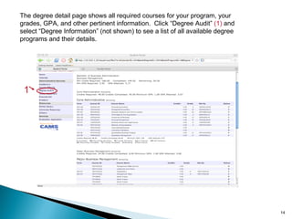 The degree detail page shows all required courses for your program, your grades, GPA, and other pertinent information.  Click “Degree Audit”  (1)  and select “Degree Information” (not shown) to see a list of all available degree programs and their details. 1 