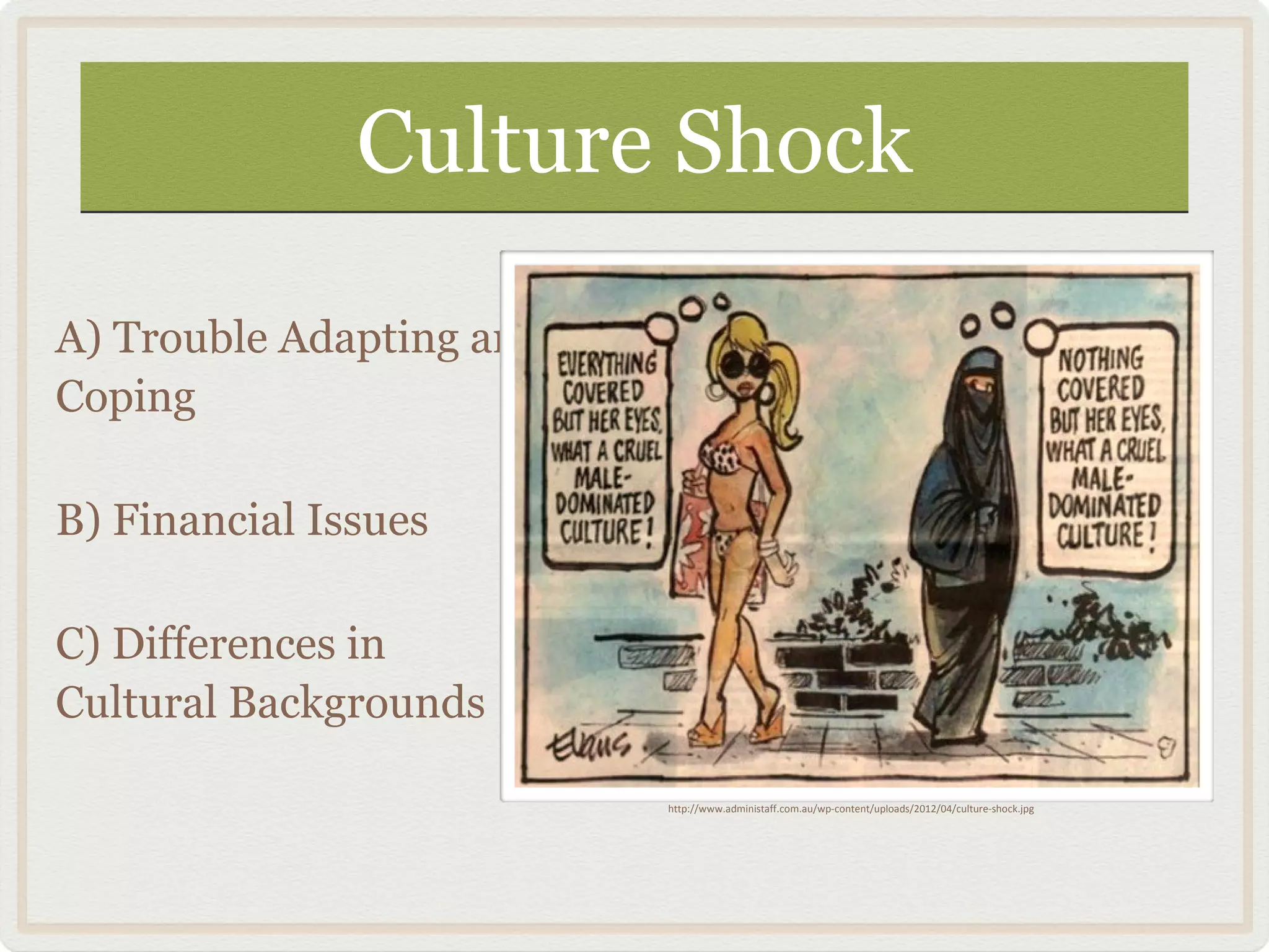 Culture ShockCulture Shock
A) Trouble Adapting and
Coping
http://www.administaff.com.au/wp-content/uploads/2012/04/culture-shock.jpg
B) Financial Issues
C) Differences in
Cultural Backgrounds
 
