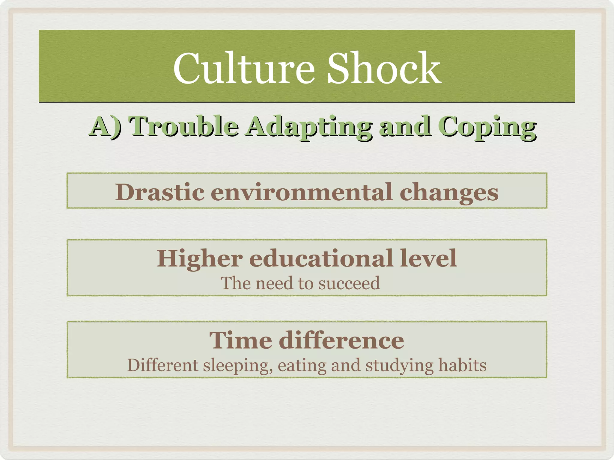 Culture ShockCulture Shock
A) Trouble Adapting and CopingA) Trouble Adapting and Coping
Drastic environmental changes
Time difference
Different sleeping, eating and studying habits
Higher educational level
The need to succeed
 