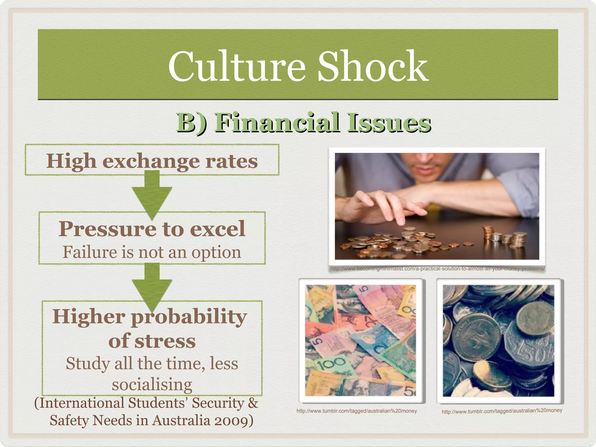 Culture ShockCulture Shock
B) Financial IssuesB) Financial Issues
High exchange rates
Pressure to excel
Failure is not an option
Higher probability
of stress
Study all the time, less
socialising
http://www.becomingminimalist.com/a-practical-solution-to-almost-all-your-money-problems/
http://www.tumblr.com/tagged/australian%20money http://www.tumblr.com/tagged/australian%20money
(International Students’ Security &
Safety Needs in Australia 2009)
 