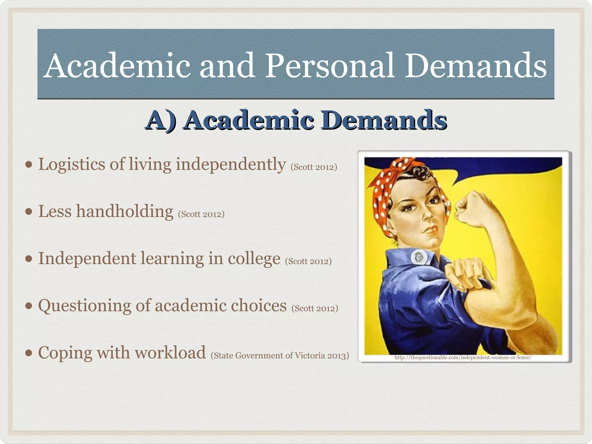 Academic and Personal DemandsAcademic and Personal Demands
A) Academic DemandsA) Academic Demands
• Logistics of living independently (Scott 2012)
• Less handholding (Scott 2012)
• Independent learning in college (Scott 2012)
• Questioning of academic choices (Scott 2012)
• Coping with workload (State Government of Victoria 2013) http://thequestionable.com/independent-woman-or-loner/
 