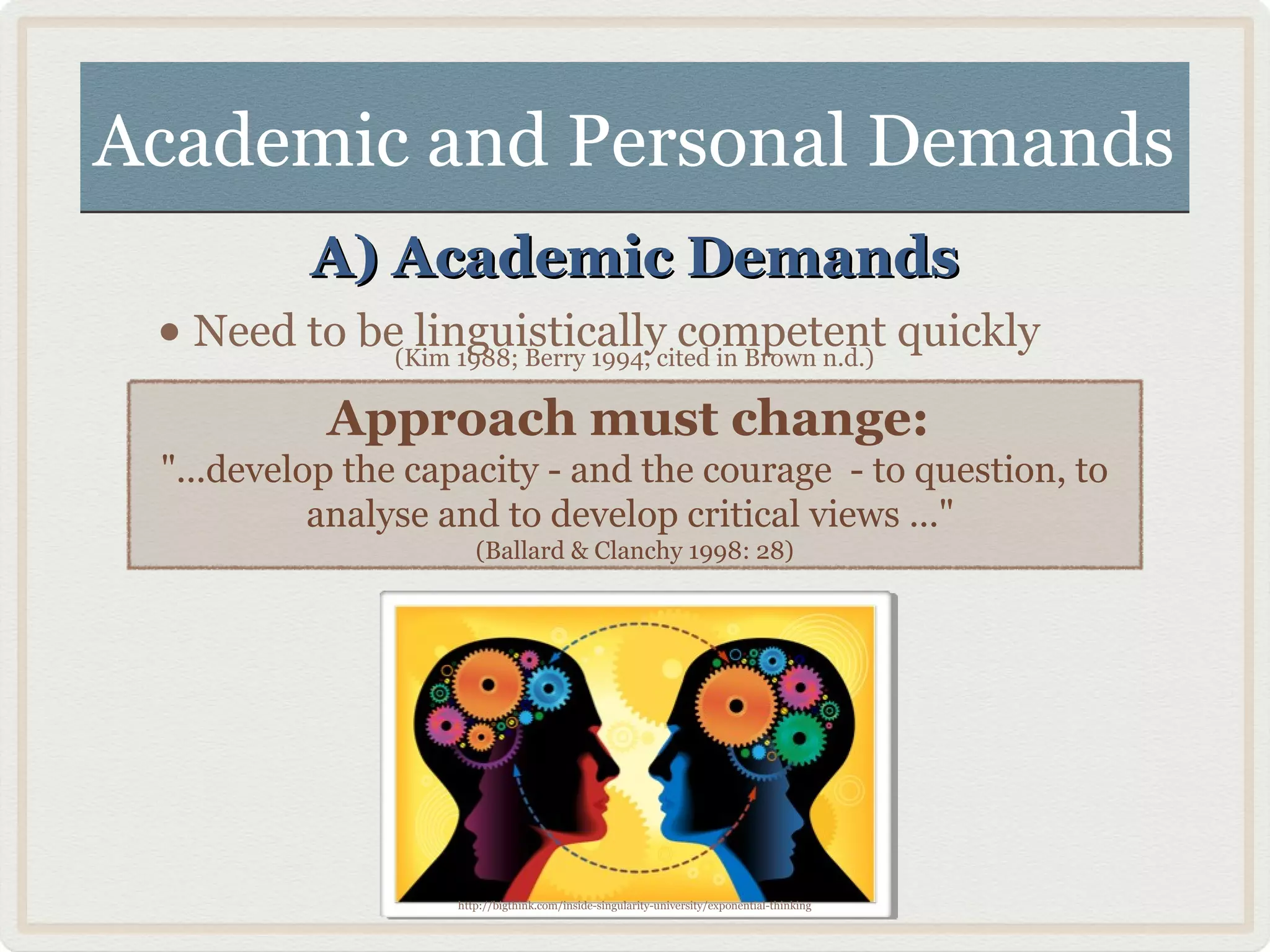 Academic and Personal DemandsAcademic and Personal Demands
A) Academic DemandsA) Academic Demands
• Need to be linguistically competent quickly(Kim 1988; Berry 1994, cited in Brown n.d.)
Approach must change:
"...develop the capacity - and the courage - to question, to
analyse and to develop critical views ..."
(Ballard & Clanchy 1998: 28)
http://bigthink.com/inside-singularity-university/exponential-thinking
 