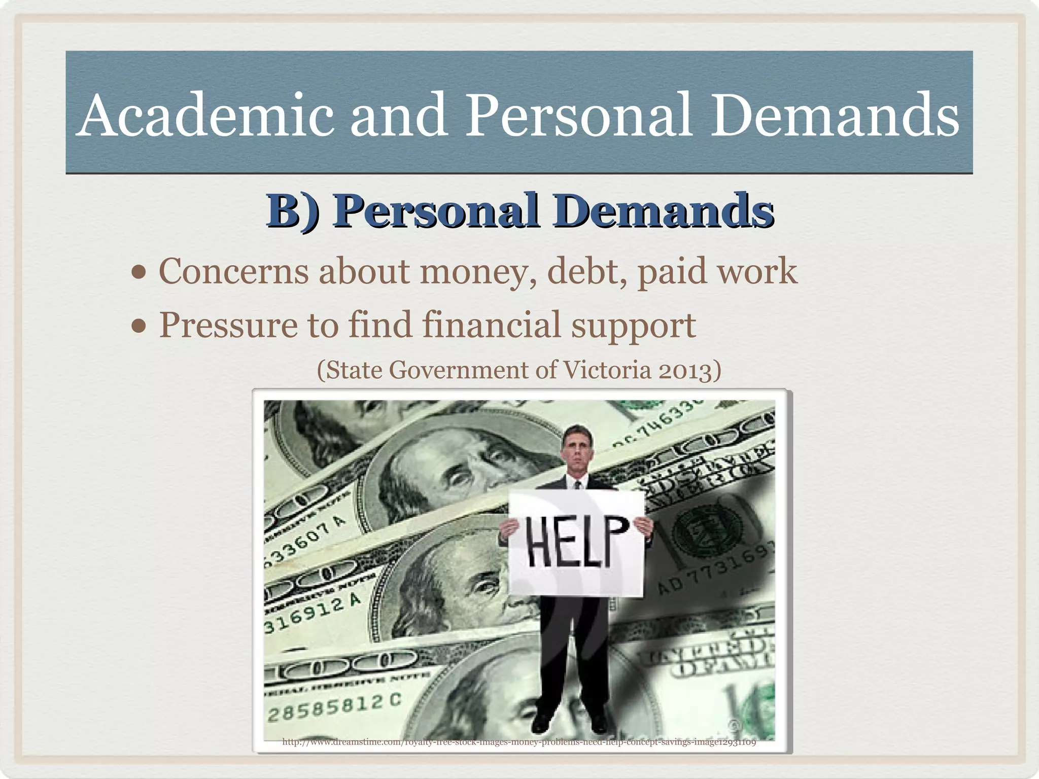 Academic and Personal DemandsAcademic and Personal Demands
B) Personal DemandsB) Personal Demands
• Concerns about money, debt, paid work
• Pressure to find financial support
(State Government of Victoria 2013)
http://www.dreamstime.com/royalty-free-stock-images-money-problems-need-help-concept-savings-image12931109
 