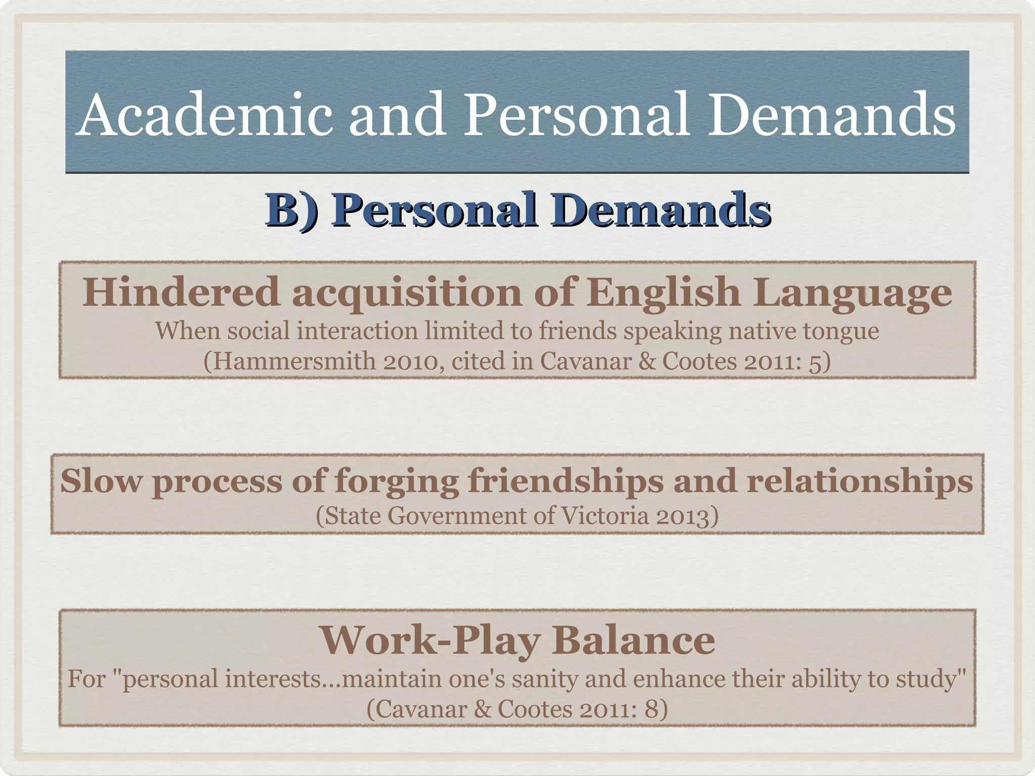 Academic and Personal DemandsAcademic and Personal Demands
B) Personal DemandsB) Personal Demands
Hindered acquisition of English Language
When social interaction limited to friends speaking native tongue
(Hammersmith 2010, cited in Cavanar & Cootes 2011: 5)
Slow process of forging friendships and relationships
(State Government of Victoria 2013)
Work-Play Balance
For "personal interests...maintain one's sanity and enhance their ability to study"
(Cavanar & Cootes 2011: 8)
 