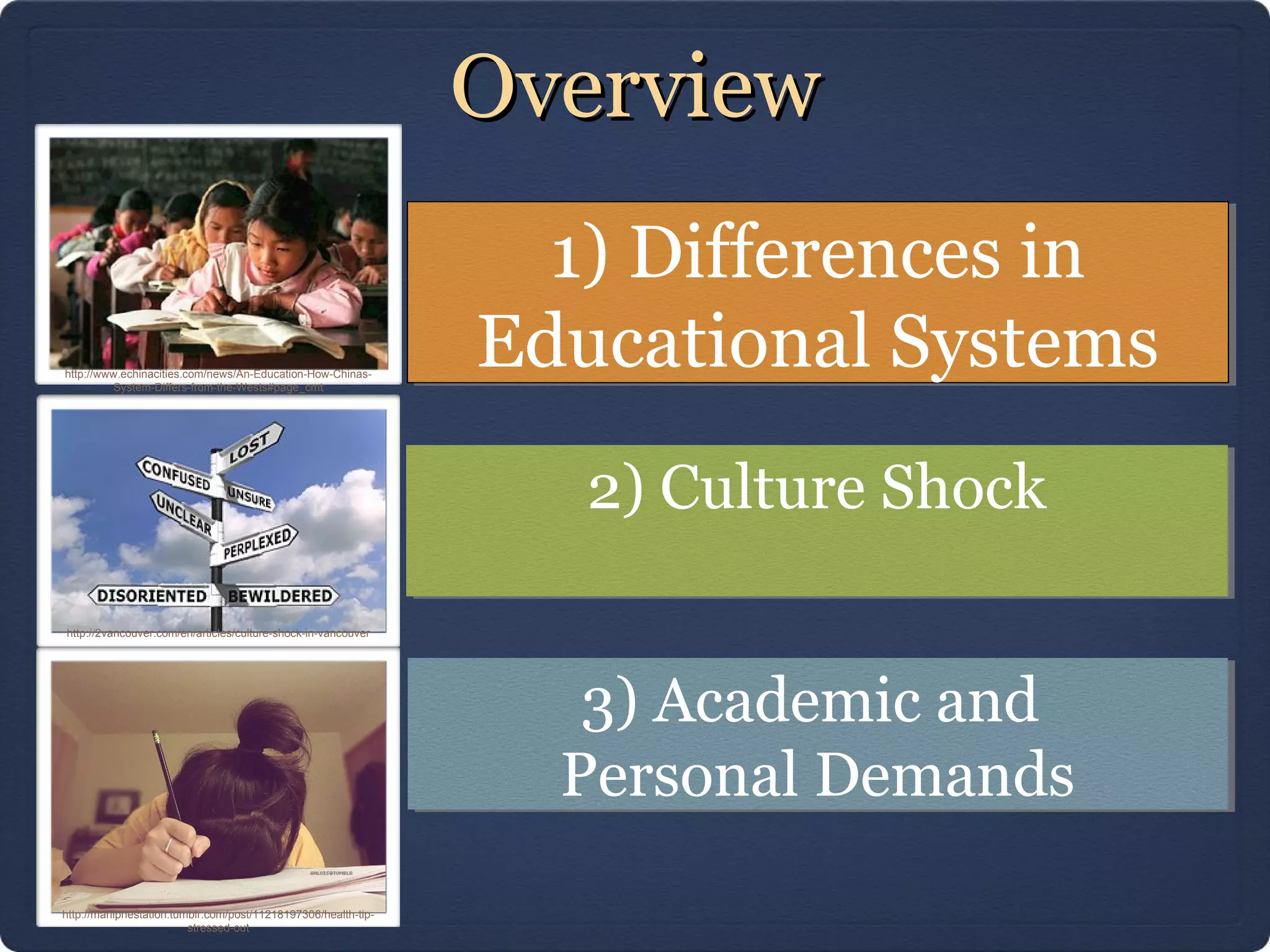 OverviewOverview
1) Differences in
Educational Systems
1) Differences in
Educational Systems
2) Culture Shock2) Culture Shock
3) Academic and
Personal Demands
3) Academic and
Personal Demands
http://maniphestation.tumblr.com/post/11218197306/health-tip-
stressed-out
http://2vancouver.com/en/articles/culture-shock-in-vancouver
http://www.echinacities.com/news/An-Education-How-Chinas-
System-Differs-from-the-Wests#page_cmt
 