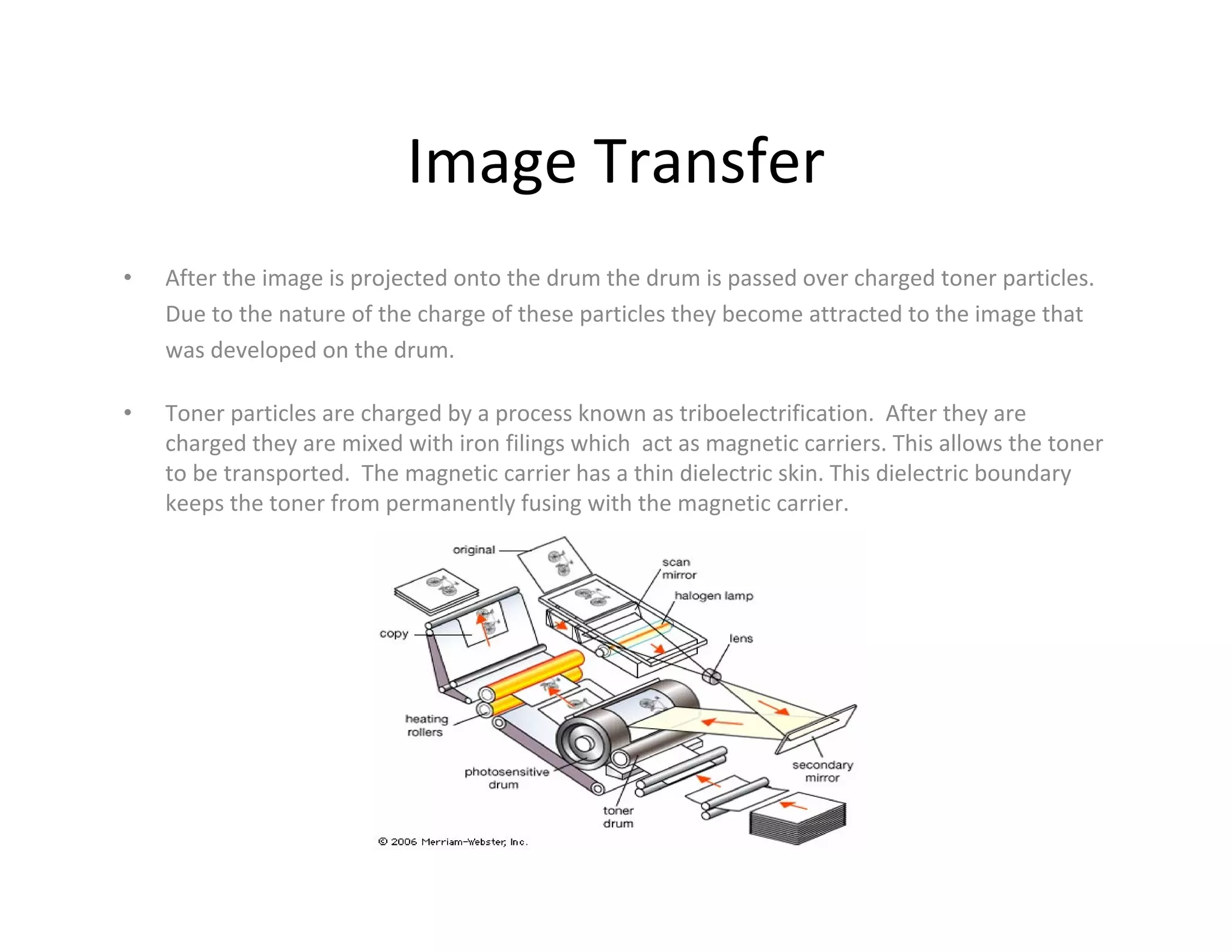 Image Transfer
• After the image is projected onto the drum the drum is passed over charged toner particles.
Due to the nature of the charge of these particles they become attracted to the image that
was developed on the drum.
• Toner particles are charged by a process known as triboelectrification. After they are
charged they are mixed with iron filings which act as magnetic carriers. This allows the toner
to be transported. The magnetic carrier has a thin dielectric skin. This dielectric boundary
keeps the toner from permanently fusing with the magnetic carrier.
 