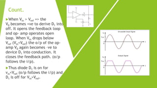 Count.
When Vin > Vref => the
V0 becomes +ve to derive D1 into
off. It opens the feedback loop
and op- amp operates open
loop. When Vin drops below
Vref (Vin<Vref) the o/p of the op-
amp V0 again becomes –ve to
device D1 into conduction. It
closes the feedback path. (o/p
follows the i/p).
Thus diode D1 is on for
vin<Vref (o/p follows the i/p) and
D1 is off for Vin>Vref.
 