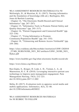 Wk 6 ASSIGNMENT RESOURCES MATERIALS For NI
McGonigle, D., & Mastrian, K. G. (2017). Nursing informatics
and the foundation of knowledge (4th ed.). Burlington, MA:
Jones & Bartlett Learning.
· Chapter 14, “The Electronic Health Record and Clinical
Informatics” (pp. 267–287)
· Chapter 15, “Informatics Tools to Promote Patient Safety and
Quality Outcomes” (pp. 293–317)
· Chapter 16, “Patient Engagement and Connected Health” (pp.
323–338)
· Chapter 17, “Using Informatics to Promote
Community/Population Health” (pp. 341–355)
· Chapter 18, “Telenursing and Remote Access Telehealth” (pp.
359–388)
https://class.waldenu.edu/bbcswebdav/institution/USW1/202010
_27/MS_NURS/NURS_5051_WC/artifacts/USW1_NURS_5051_
Dykes.pdf
https://www.healthit.gov/faq/what-electronic-health-record-ehr
https://www.himss.org/library/ehr/
Rao-Gupta, S., Kruger, D. Leak, L. D., Tieman, L. A., &
Manworren, R. C. B. (2018). Leveraging interactive patient care
technology to Improve pain management engagement. Pain
Management Nursing, 19(3), 212–221.
doi:10.1016/j.pmn.2017.11.002
Skiba, D. (2017). Evaluation tools to appraise social media and
mobile applications. Informatics, 4(3), 32–40.
doi:10.3390/informatics4030032
Wk 6 ASSIGNMENT RESOURCES MATERIALS
for NI RUBRIC TO FOLLOW
 