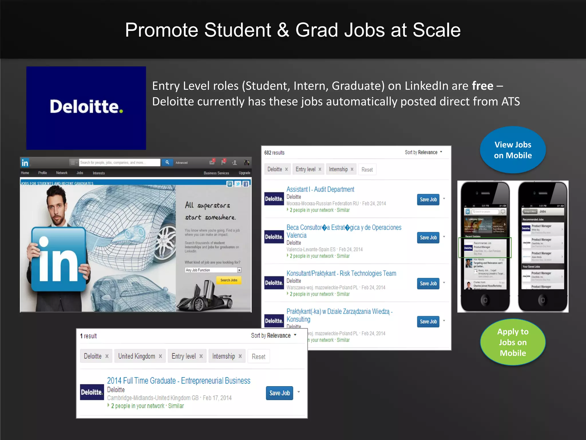 View Jobs
on Mobile
Apply to
Jobs on
Mobile
Promote Student & Grad Jobs at Scale
Entry Level roles (Student, Intern, Graduate) on LinkedIn are free –
Deloitte currently has these jobs automatically posted direct from ATS
 